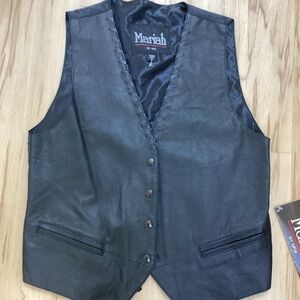 Vintage 90’s Mariah Black Pebbled  Leather Vest Lashing Neck Trim & Pockets NWT